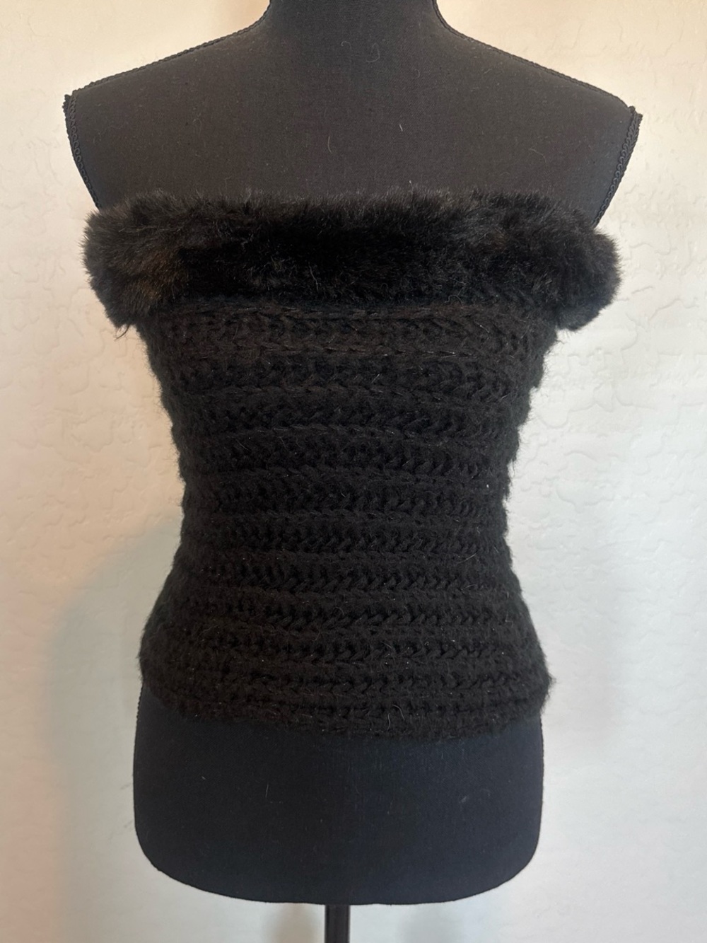Off-the-Shoulder Black Faux Fur Trim Knit Sweater Top